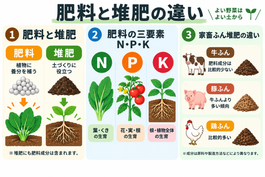 肥料と堆肥の違いとNPK・家畜ふん堆肥の特徴をまとめた図解