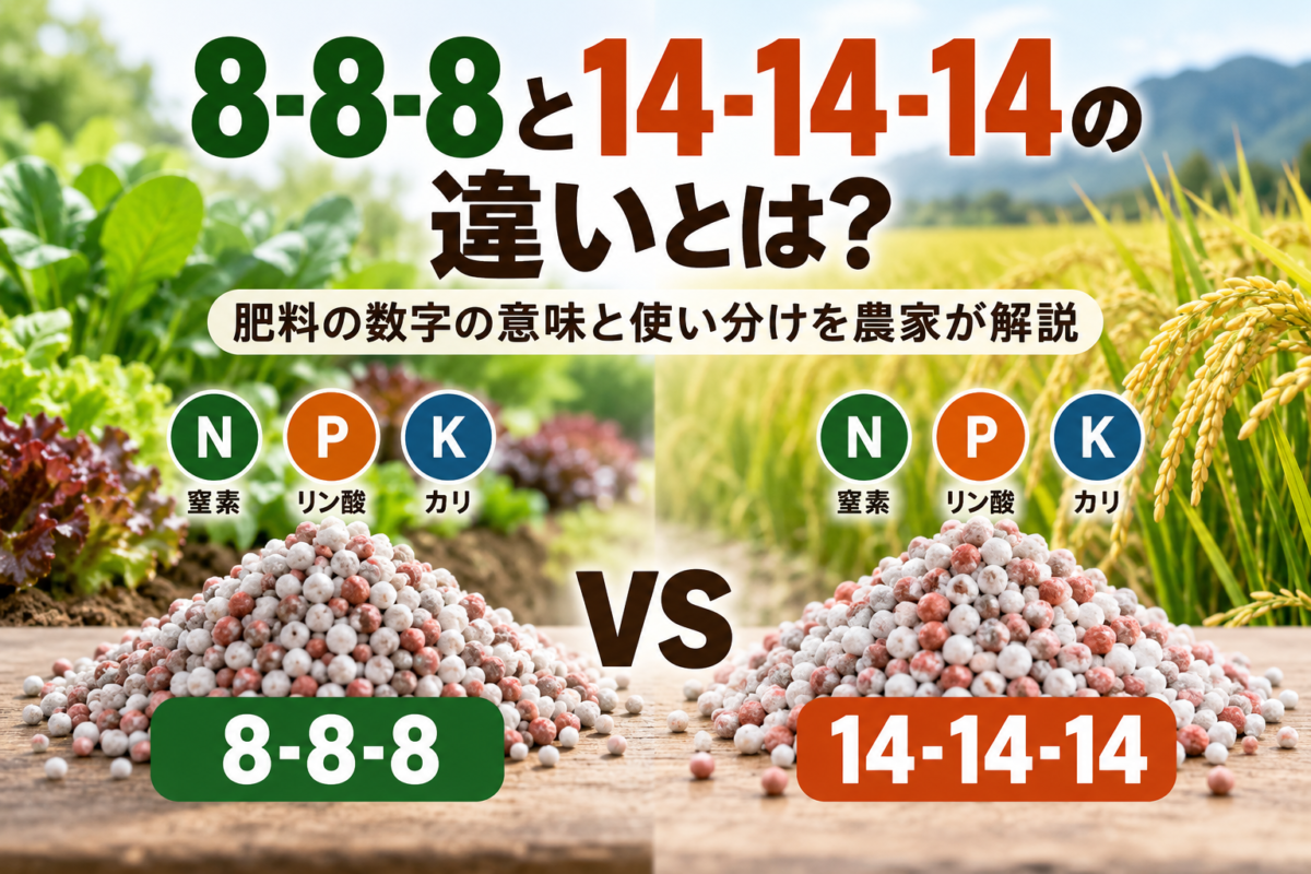 8-8-8と14-14-14の化成肥料を比較し、N・P・Kの違いと使い分けを示した図