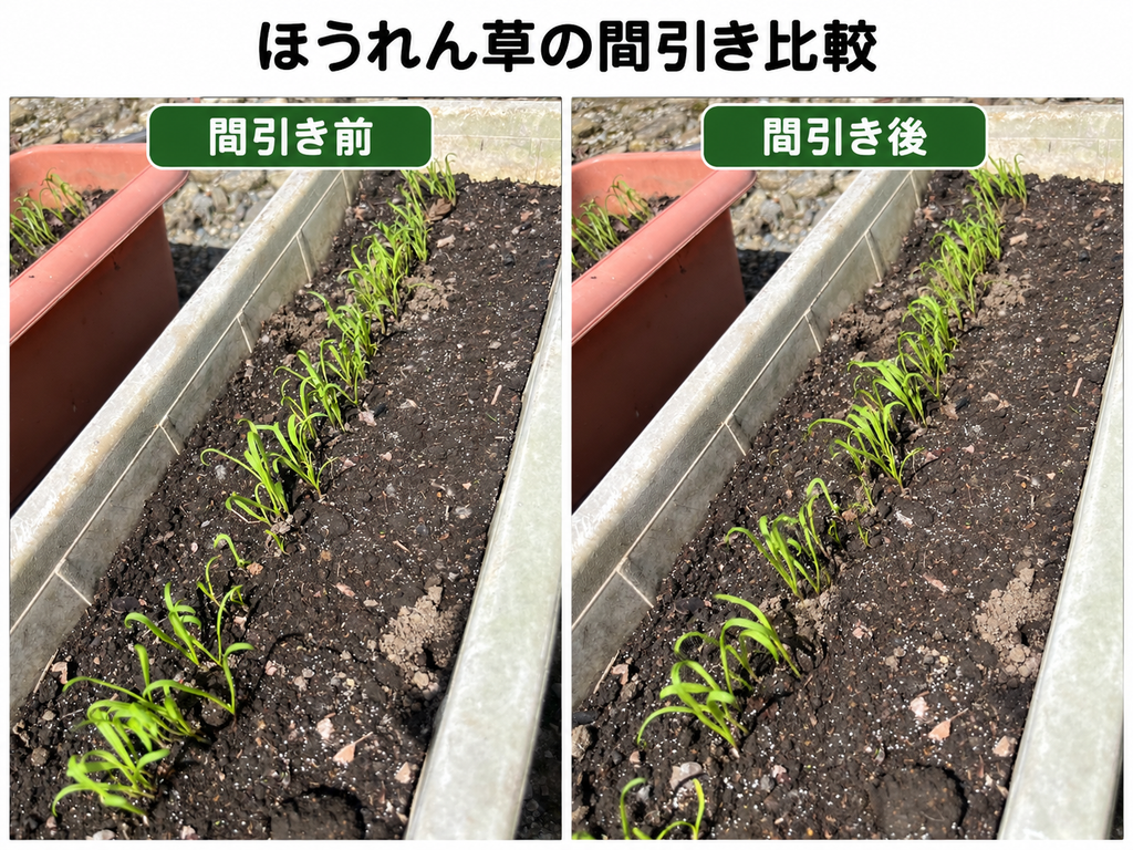 ほうれん草初期の間引き
